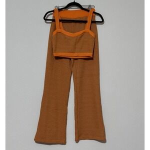 ZARA Orange Stripe Knit Crop Top Wide Leg Pants Set‎ M